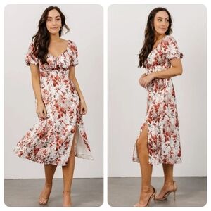 Baltic Born Cadence Terracotta Floral Puff Sleeve Midi Dress Rust Pink White M